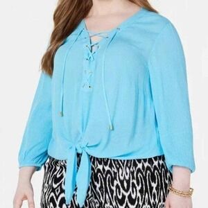 INC Top Womens 0X Blue Lace Up Tie Front V Neck 3/4 Sleeve Boho Blouse NWT‎